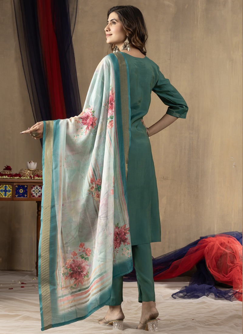 Prazu Fashion Rama Green Shimmer Gold Silk Thread Embroidered Designer Kurta Set