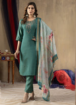 Thumbnail for Prazu Fashion Rama Green Shimmer Gold Silk Thread Embroidered Designer Kurta Set