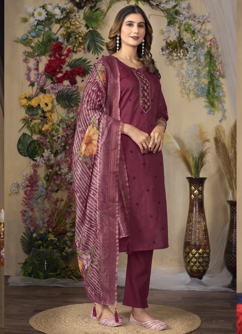 Prazu Fashion Wine Roman Silk Thread Embroidered Designer Kurta Set