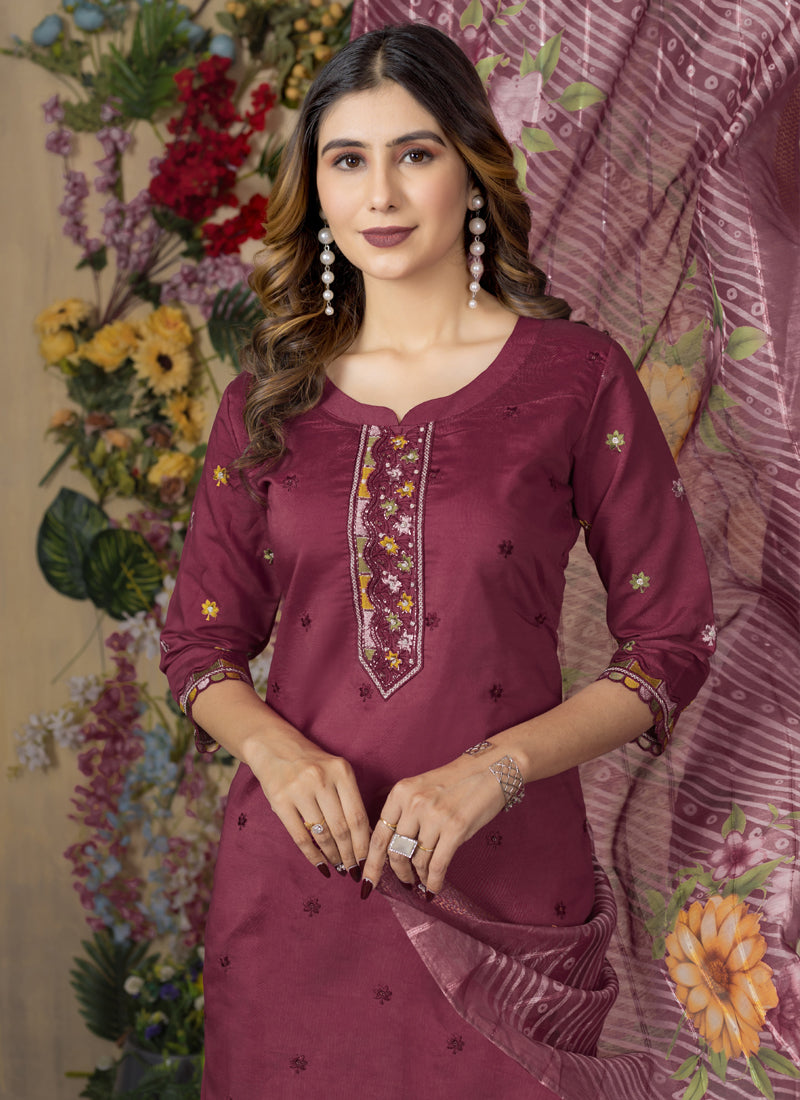 Prazu Fashion Wine Roman Silk Thread Embroidered Designer Kurta Set