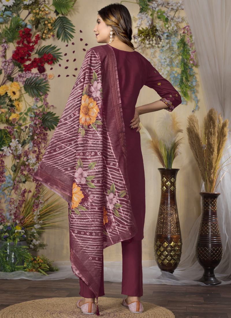 Prazu Fashion Wine Roman Silk Thread Embroidered Designer Kurta Set