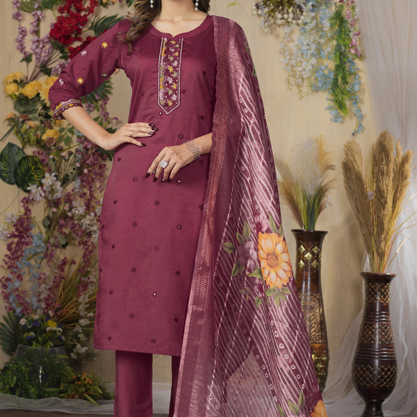 Prazu Fashion Wine Roman Silk Thread Embroidered Designer Kurta Set - Distacart