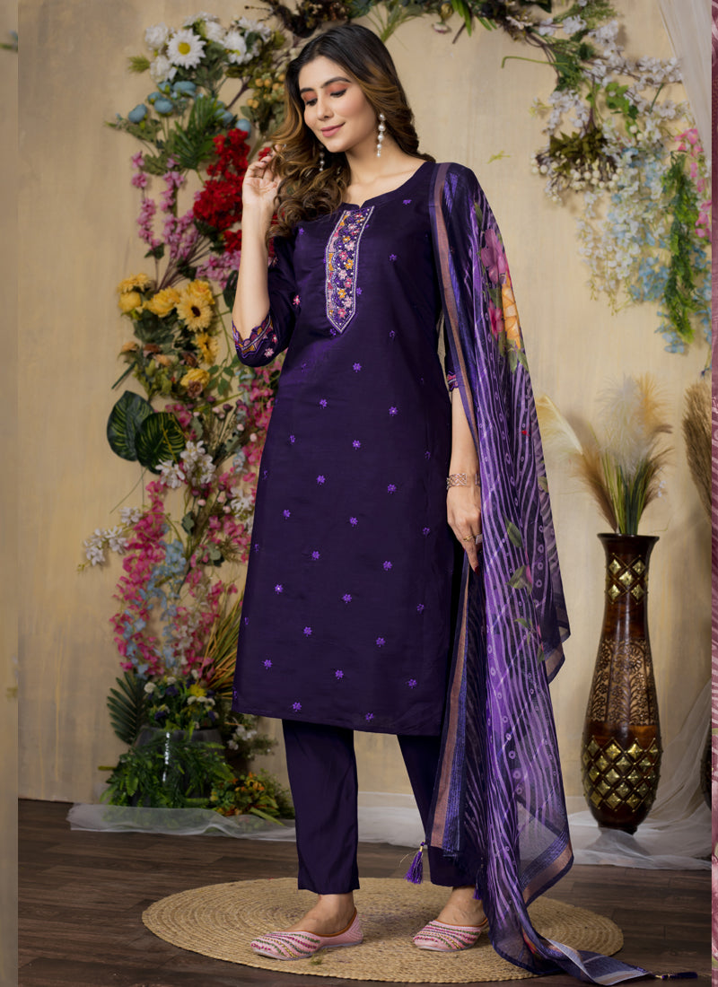 Prazu Fashion Purple Roman Silk Thread Embroidered Designer Kurta Set
