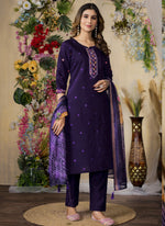 Thumbnail for Prazu Fashion Purple Roman Silk Thread Embroidered Designer Kurta Set