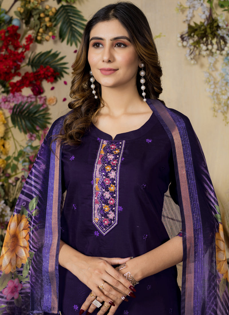 Prazu Fashion Purple Roman Silk Thread Embroidered Designer Kurta Set