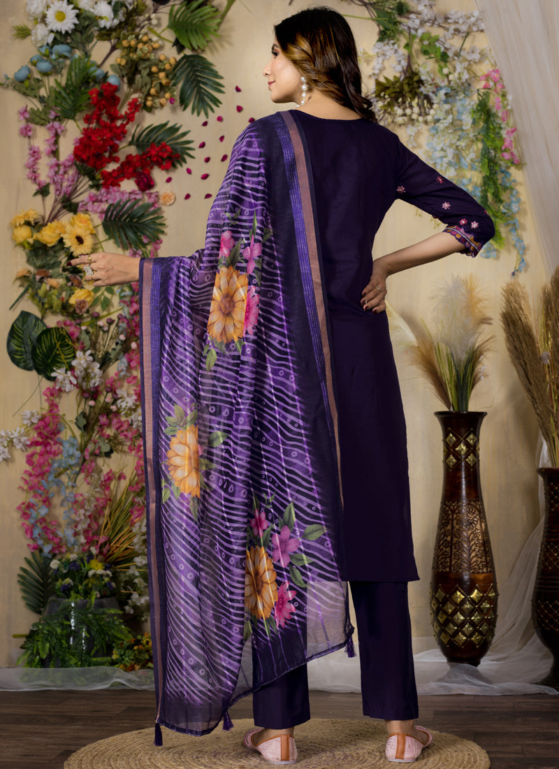Prazu Fashion Purple Roman Silk Thread Embroidered Designer Kurta Set