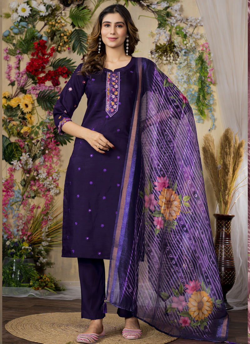 Prazu Fashion Purple Roman Silk Thread Embroidered Designer Kurta Set