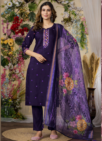Prazu Fashion Purple Roman Silk Thread Embroidered Designer Kurta Set