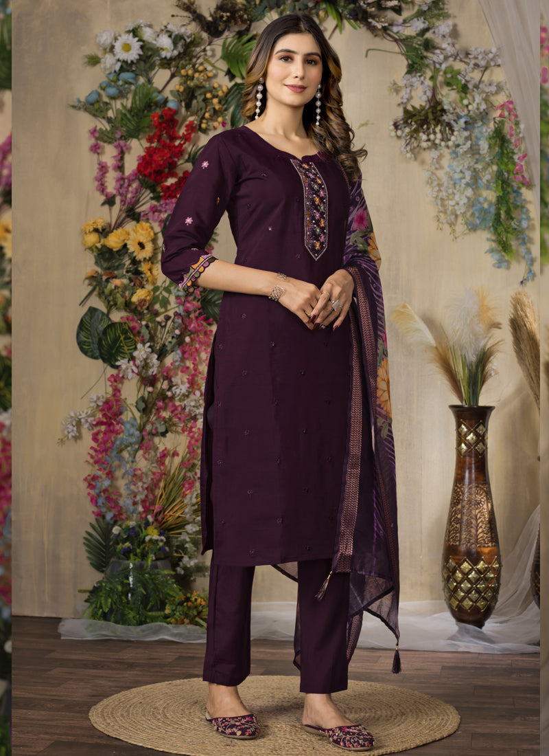 Prazu Fashion Wine Roman Silk Thread Embroidered Designer Kurta Set