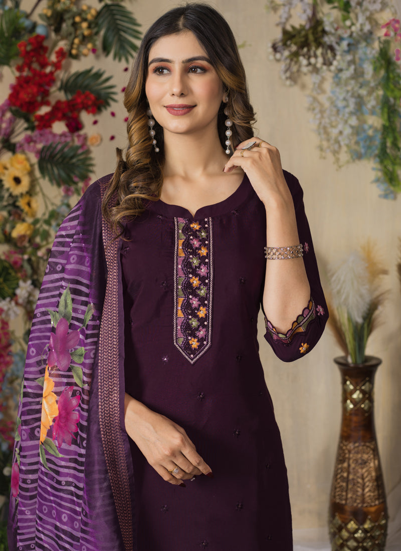 Prazu Fashion Wine Roman Silk Thread Embroidered Designer Kurta Set
