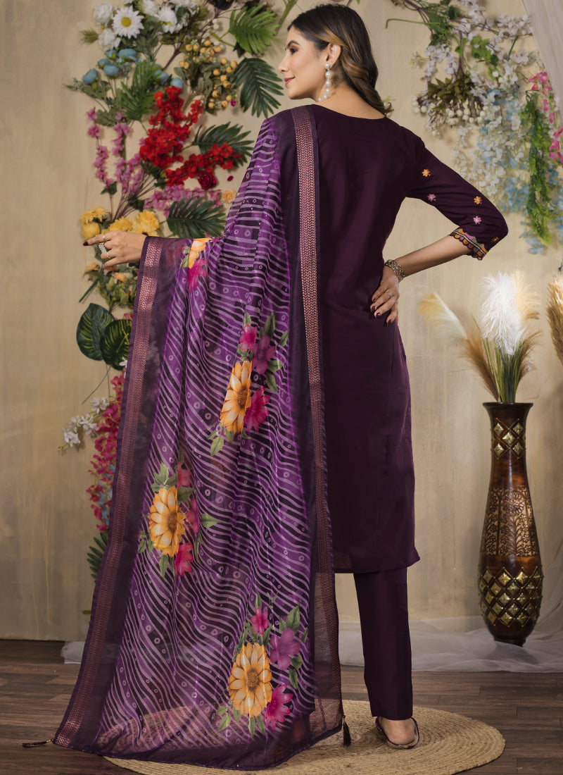 Prazu Fashion Wine Roman Silk Thread Embroidered Designer Kurta Set