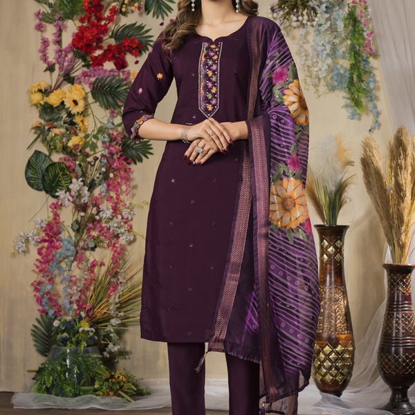 Prazu Fashion Wine Roman Silk Thread Embroidered Designer Kurta Set - Distacart