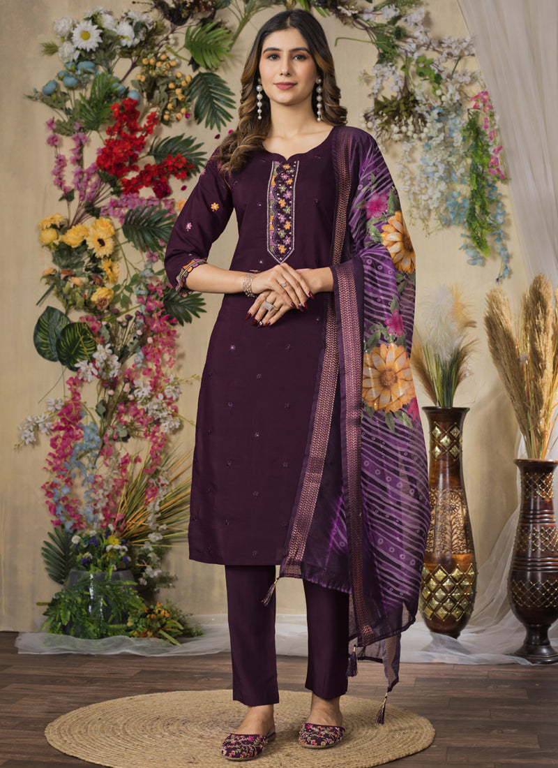 Prazu Fashion Wine Roman Silk Thread Embroidered Designer Kurta Set