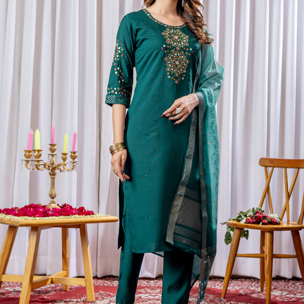 Prazu Fashion Rama Green Viscose Silk Thread Embroidered Designer Kurta Set - Distacart