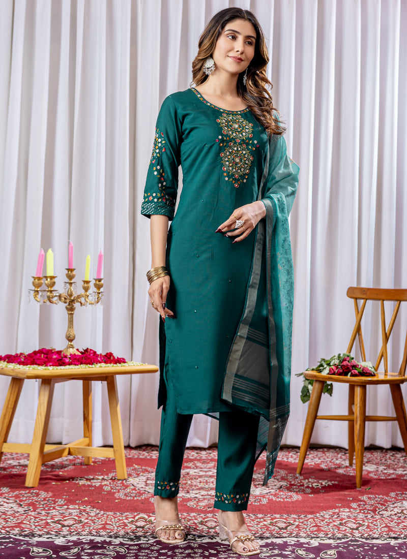 Prazu Fashion Rama Green Viscose Silk Thread Embroidered Designer Kurta Set - Distacart