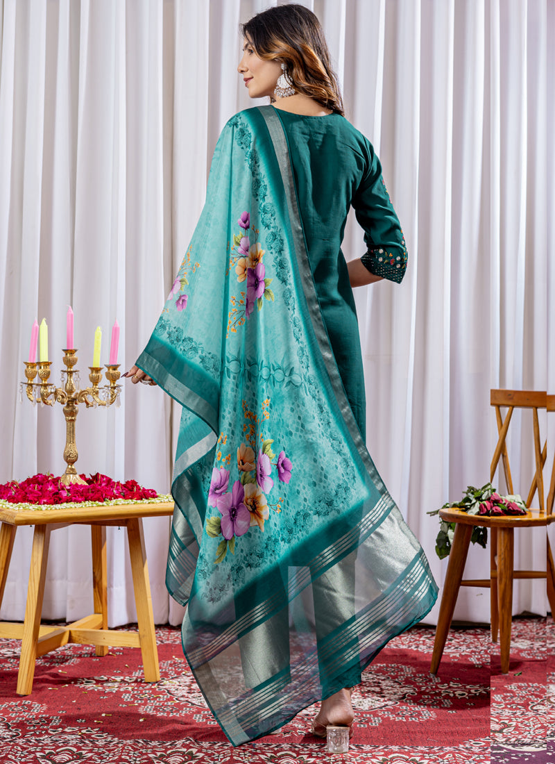 Prazu Fashion Rama Green Viscose Silk Thread Embroidered Designer Kurta Set