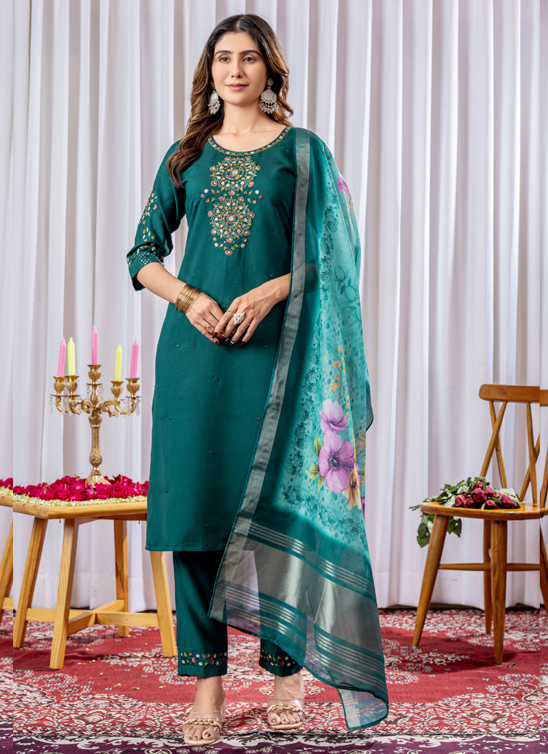 Prazu Fashion Rama Green Viscose Silk Thread Embroidered Designer Kurta Set