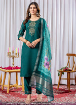 Thumbnail for Prazu Fashion Rama Green Viscose Silk Thread Embroidered Designer Kurta Set