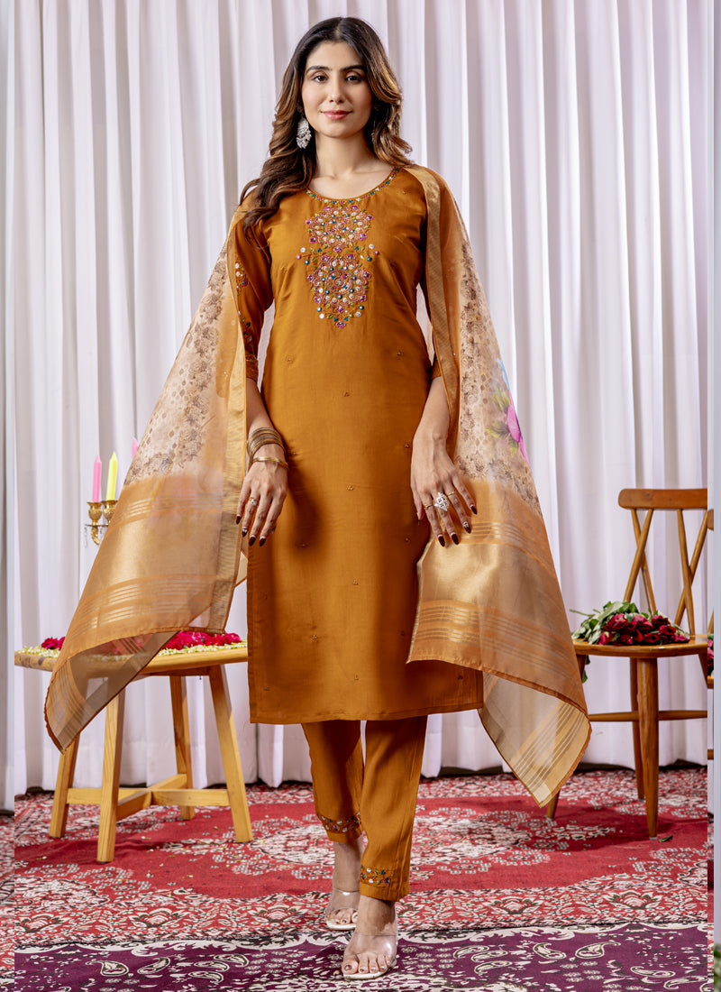 Prazu Fashion Mustard Viscose Silk Thread Embroidered Designer Kurta Set