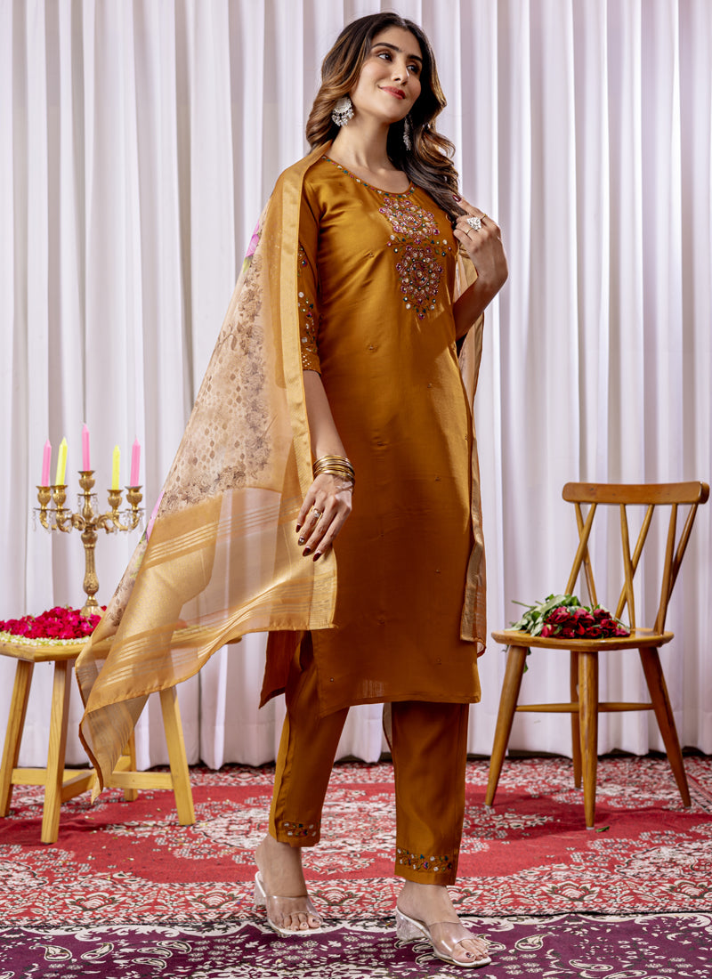 Prazu Fashion Mustard Viscose Silk Thread Embroidered Designer Kurta Set
