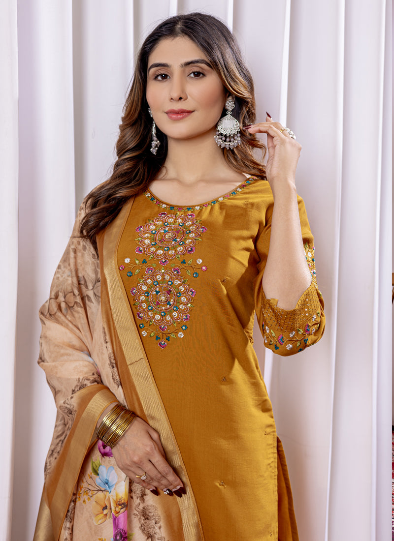 Prazu Fashion Mustard Viscose Silk Thread Embroidered Designer Kurta Set