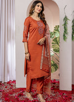 Thumbnail for Prazu Fashion Orange Viscose Silk Thread Embroidered Designer Kurta Set