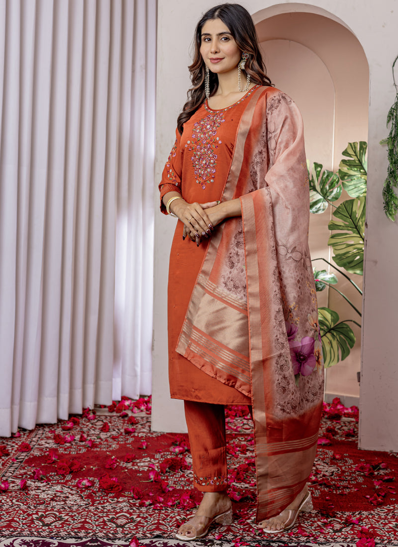 Prazu Fashion Orange Viscose Silk Thread Embroidered Designer Kurta Set