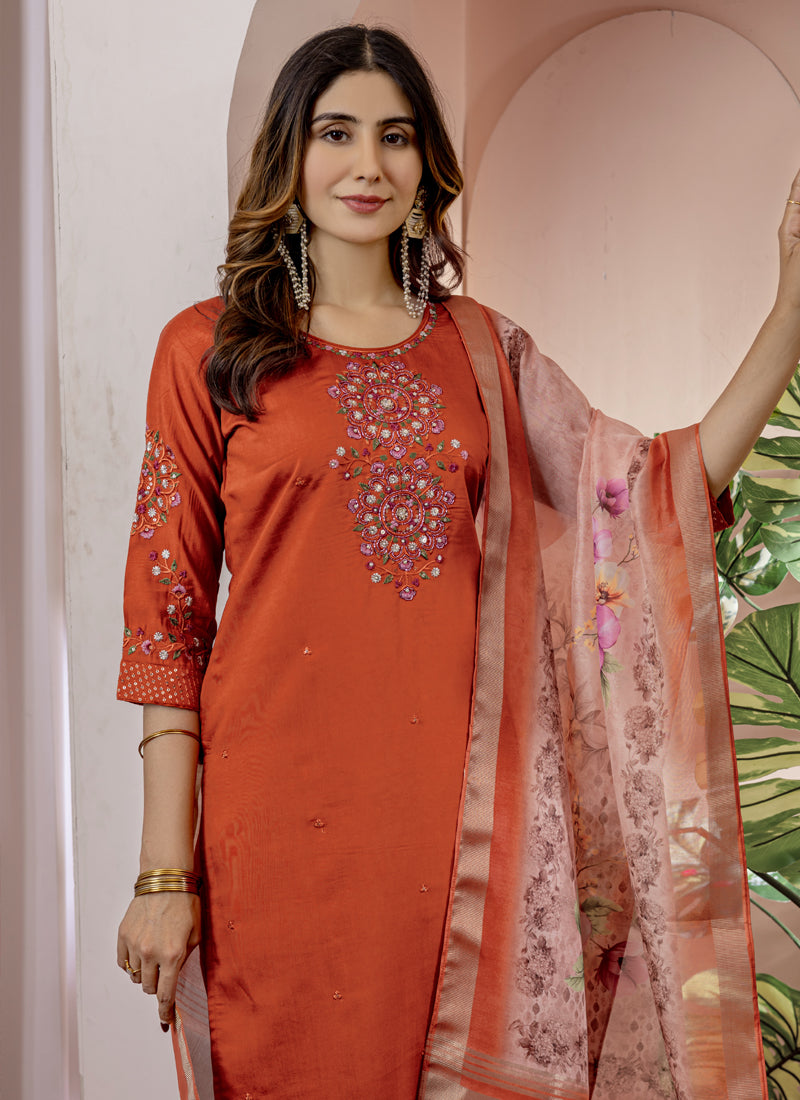 Prazu Fashion Orange Viscose Silk Thread Embroidered Designer Kurta Set