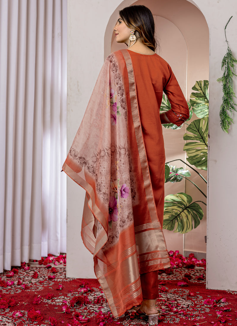 Prazu Fashion Orange Viscose Silk Thread Embroidered Designer Kurta Set