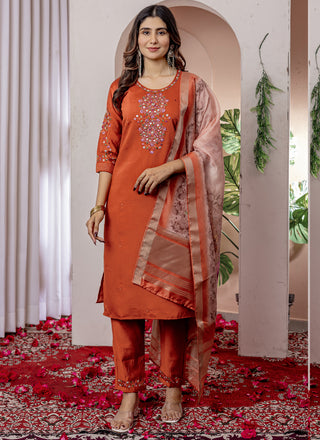 Prazu Fashion Orange Viscose Silk Thread Embroidered Designer Kurta Set