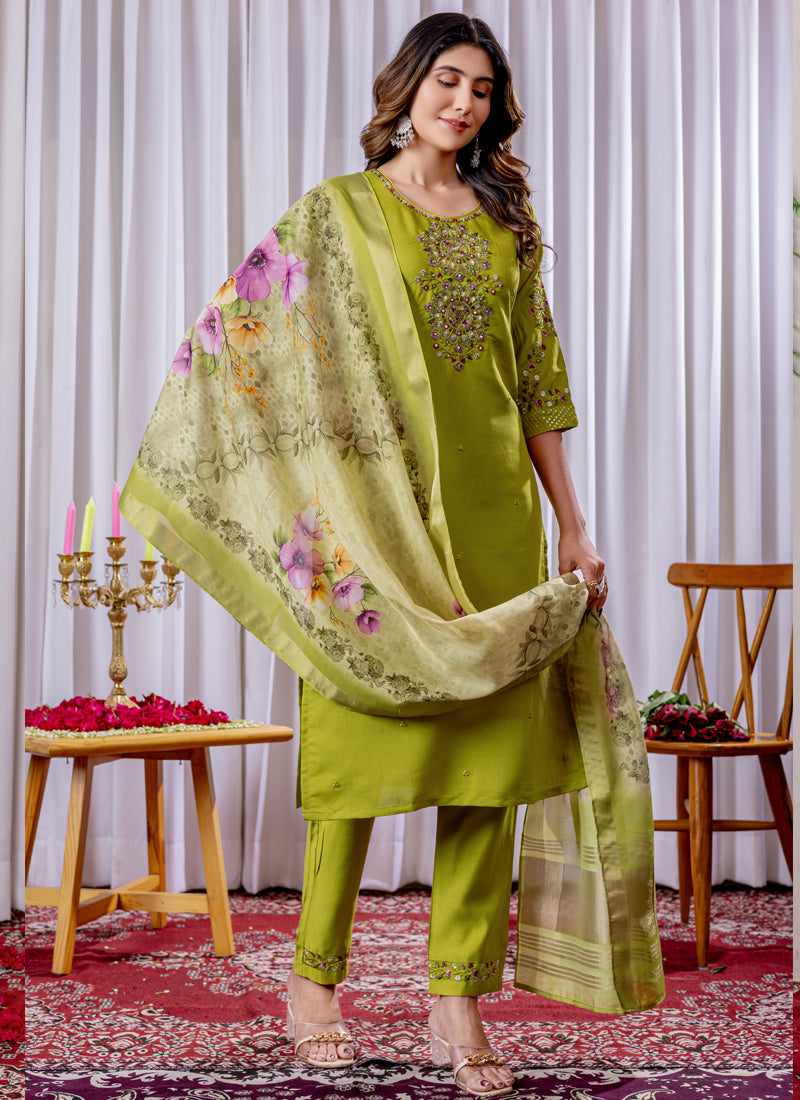 Prazu Fashion Parrot Green Viscose Silk Thread Embroidered Designer Kurta Set