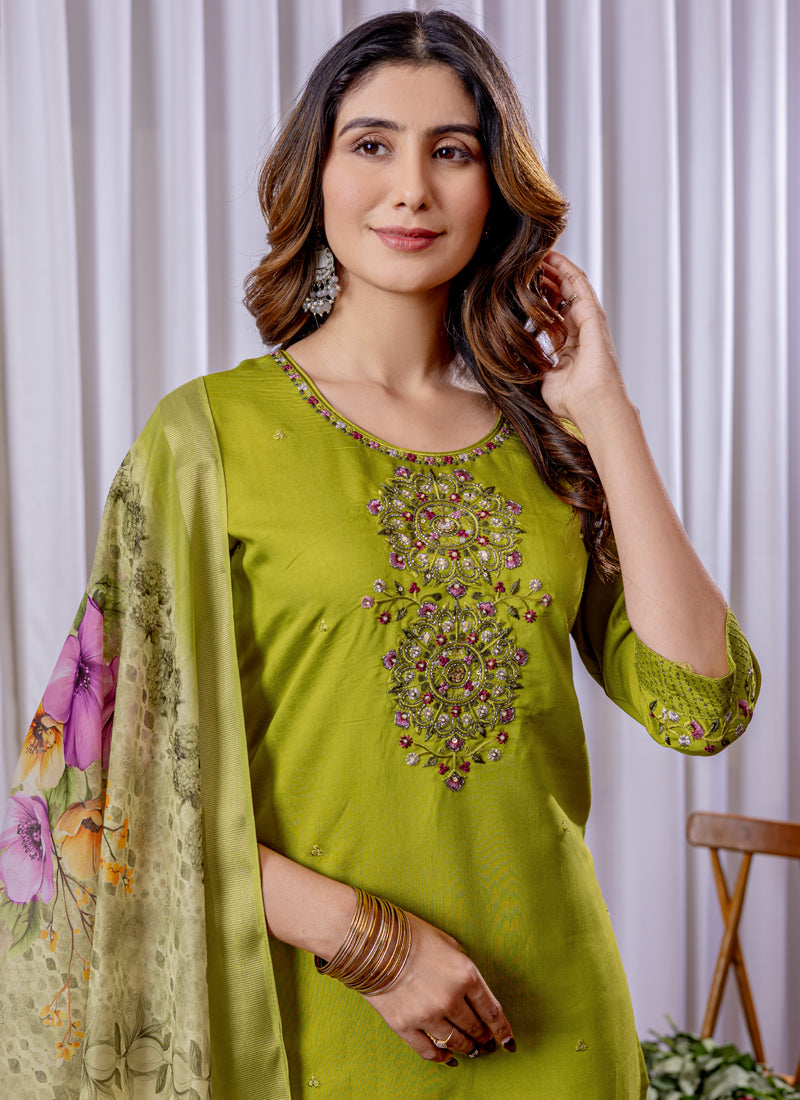 Prazu Fashion Parrot Green Viscose Silk Thread Embroidered Designer Kurta Set