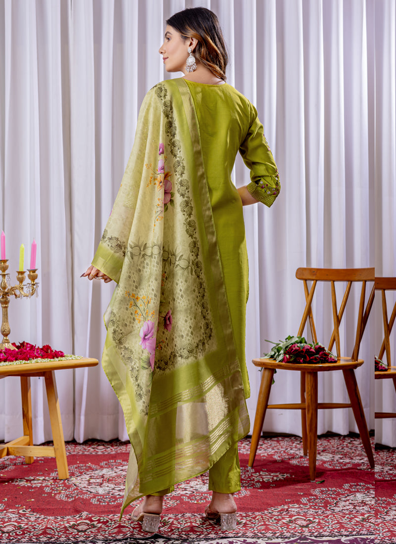 Prazu Fashion Parrot Green Viscose Silk Thread Embroidered Designer Kurta Set