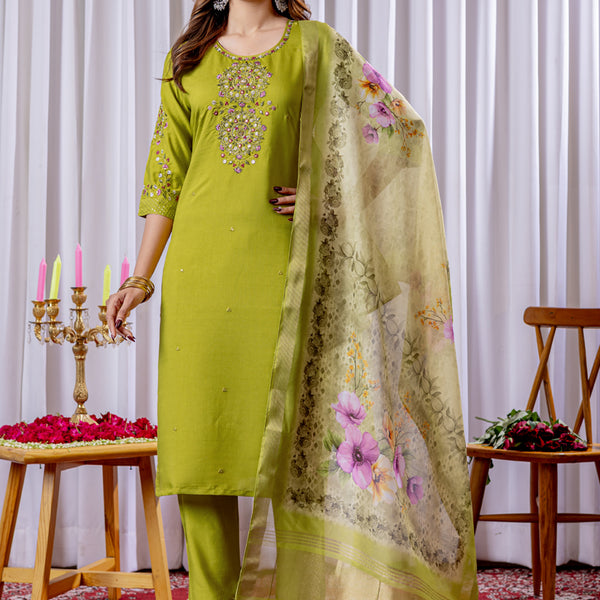 Prazu Fashion Parrot Green Viscose Silk Thread Embroidered Designer Kurta Set - Distacart