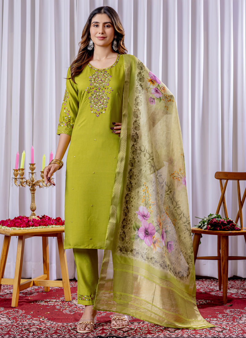 Prazu Fashion Parrot Green Viscose Silk Thread Embroidered Designer Kurta Set