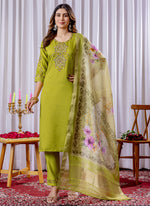 Thumbnail for Prazu Fashion Parrot Green Viscose Silk Thread Embroidered Designer Kurta Set