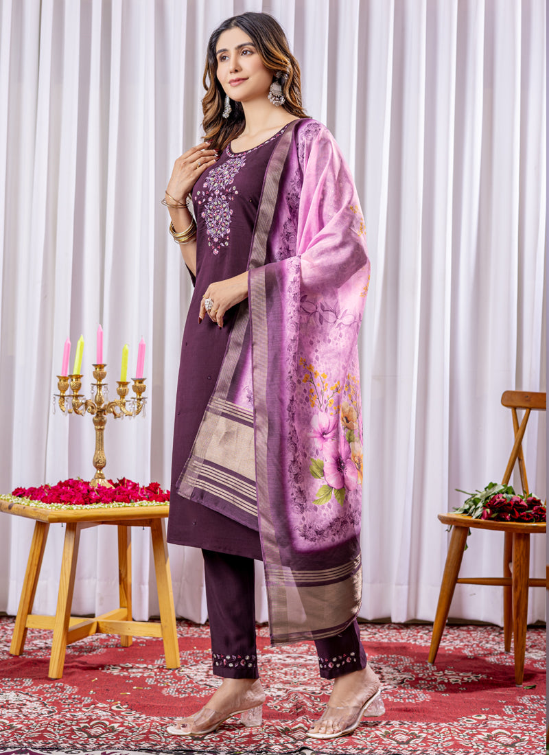 Prazu Fashion Wine Viscose Silk Thread Embroidered Designer Kurta Set