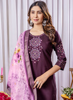 Thumbnail for Prazu Fashion Wine Viscose Silk Thread Embroidered Designer Kurta Set