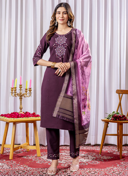 Prazu Fashion Wine Viscose Silk Thread Embroidered Designer Kurta Set