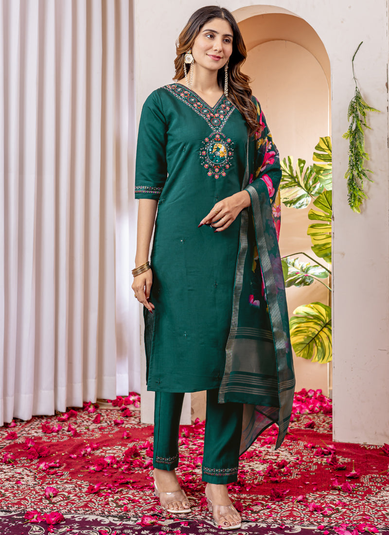 Prazu Fashion Green Viscose Silk Thread Embroidered Designer Kurta Set