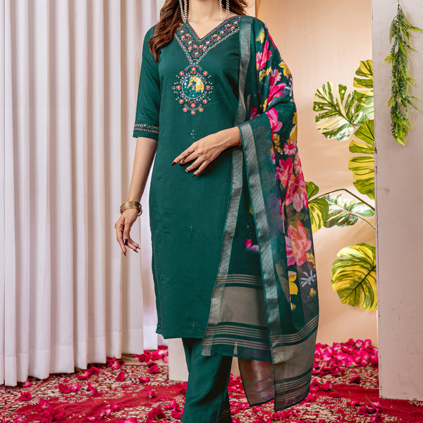 Prazu Fashion Green Viscose Silk Thread Embroidered Designer Kurta Set - Distacart