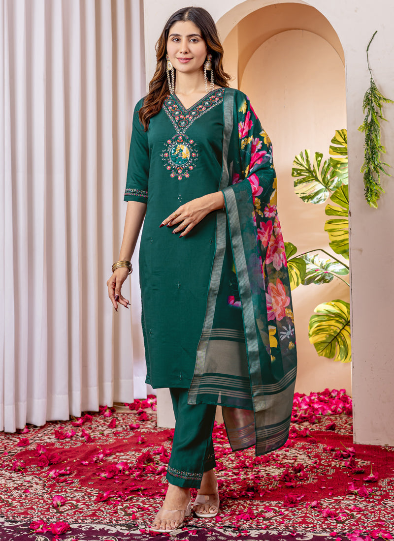 Prazu Fashion Green Viscose Silk Thread Embroidered Designer Kurta Set