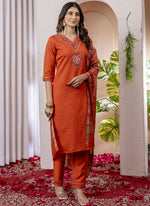 Thumbnail for Prazu Fashion Orange Viscose Silk Thread Embroidered Designer Kurta Set