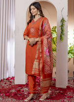 Thumbnail for Prazu Fashion Orange Viscose Silk Thread Embroidered Designer Kurta Set