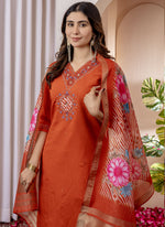 Thumbnail for Prazu Fashion Orange Viscose Silk Thread Embroidered Designer Kurta Set