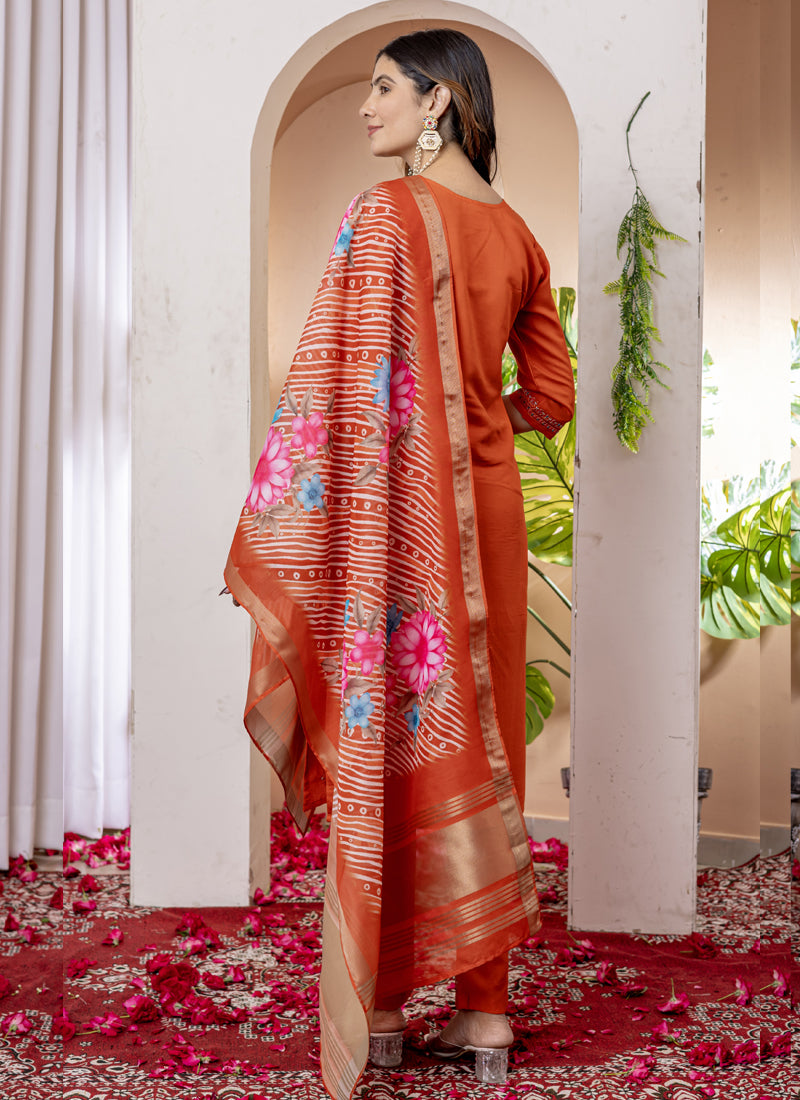 Prazu Fashion Orange Viscose Silk Thread Embroidered Designer Kurta Set