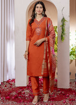 Thumbnail for Prazu Fashion Orange Viscose Silk Thread Embroidered Designer Kurta Set