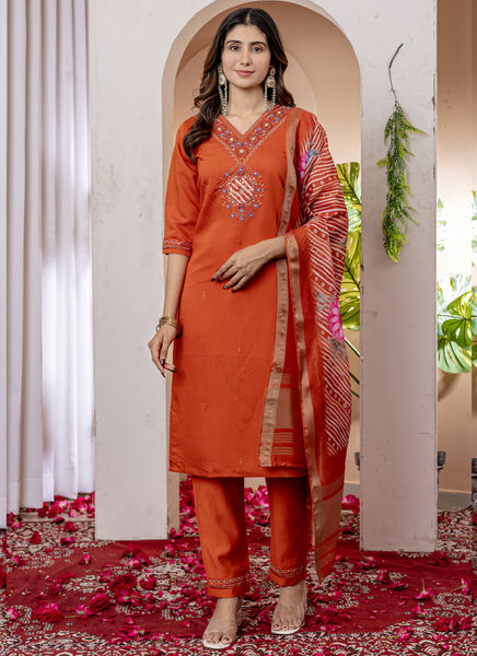 Prazu Fashion Orange Viscose Silk Thread Embroidered Designer Kurta Set