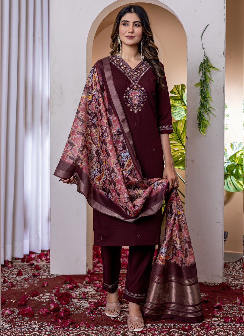 Prazu Fashion Wine Viscose Silk Thread Embroidered Designer Kurta Set