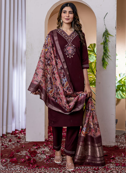 Prazu Fashion Wine Viscose Silk Thread Embroidered Designer Kurta Set - Distacart
